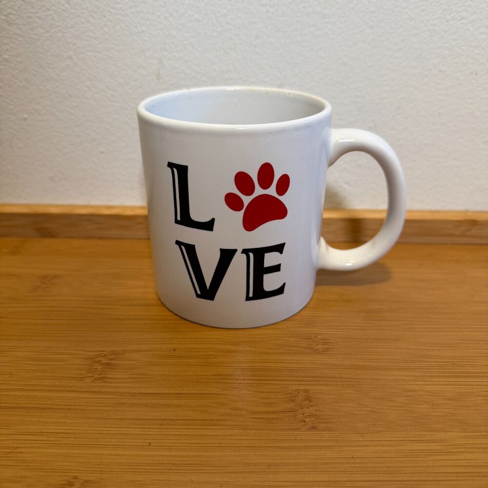 Royal Norfolk LOVE Paw Print Coffee Mug Dog Lover Ceramic Cup White Red Black